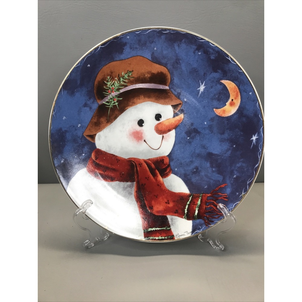 Vintage Elaine Thompson Ceramic Snowman Plate Signed 1997 Frosty Snowman Moon